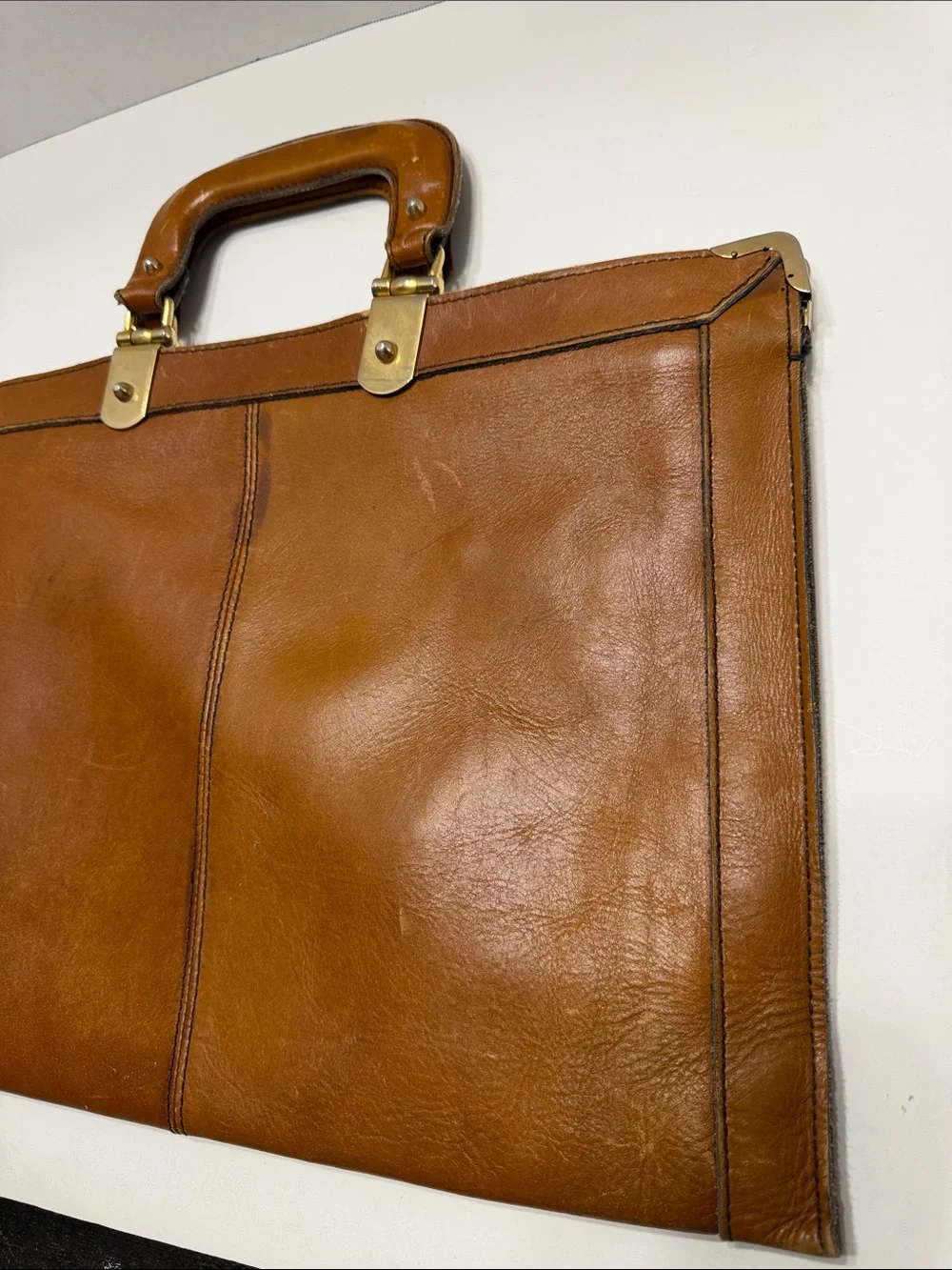 Men's Tan Leather Top-Handle Briefcase with Brass Accents